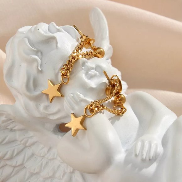 Star Chain Drop Earrings 18K Gold Plating Jewelry Gifts For Her / Wife / Mom - Picture 8 of 11